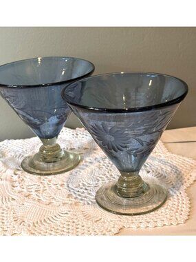Vintage Blue Etched Glasses | Hand-Blown Cocktail or Dessert Stem | Floral Wheel